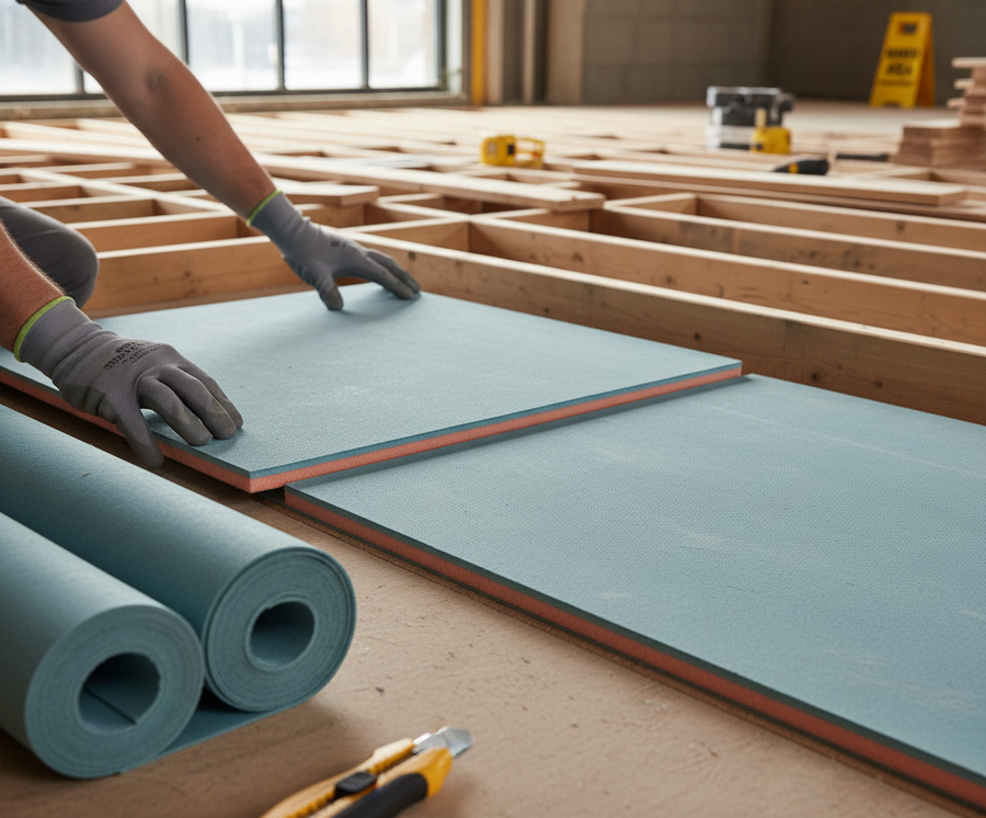 Premium Acoustic Underlay with High Mass Layer for Superior Sound Insulation being installed between wooden floor joists, showcasing noise reduction and soundproofing capabilities, with rolled foam panels and tools visible.
