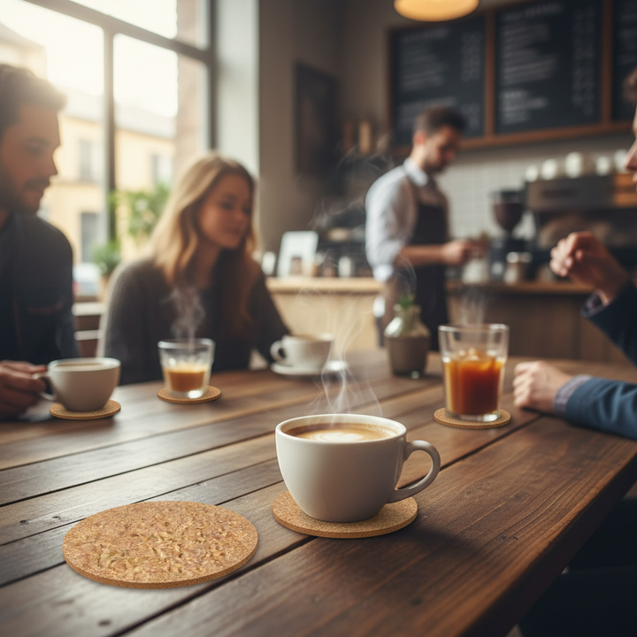 Premium Non-Adhesive Cork Coaster Sheets - 95mm Diameter, 3mm Thick, Pack of 38, ideal for soundproofing and acoustic applications, shown in use under mugs and glasses in a café setting.