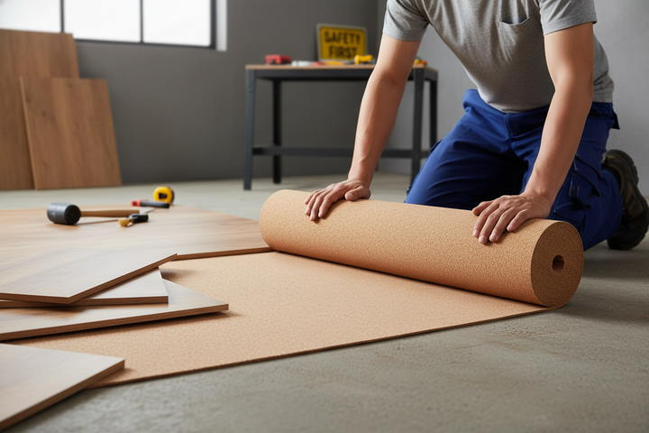 Person unrolling Premium Natural Cork Underlay Roll 1m x 5m - Various Thicknesses for Laminate Flooring and Wooden Boards, with wood planks and tools nearby, ideal for soundproofing and noise reduction.