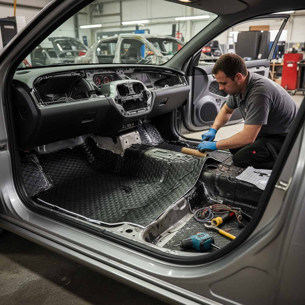 Technician installs Premium 3mm Sound Deadening Mat in car, enhancing noise reduction. Mat offers acoustic insulation and vibration damping for vehicle floors, ensuring superior soundproof performance.