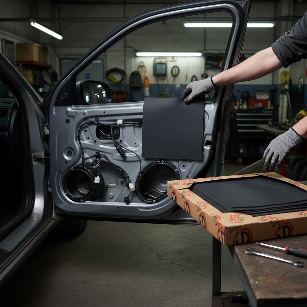 Person fitting Premium Noise Isolator 6mm - 9 Sheet Pack for Thermal and Acoustic Insulation in Vehicles, enhancing soundproofing and noise reduction by applying sound insulation mat to car door structure.