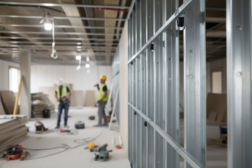 Premium 70mm Acoustic Hanger for Suspended Ceiling Construction - Box of 100 is visible among construction materials, showcasing its role in soundproof ceiling systems, ensuring noise reduction and compliance with British and European standards.