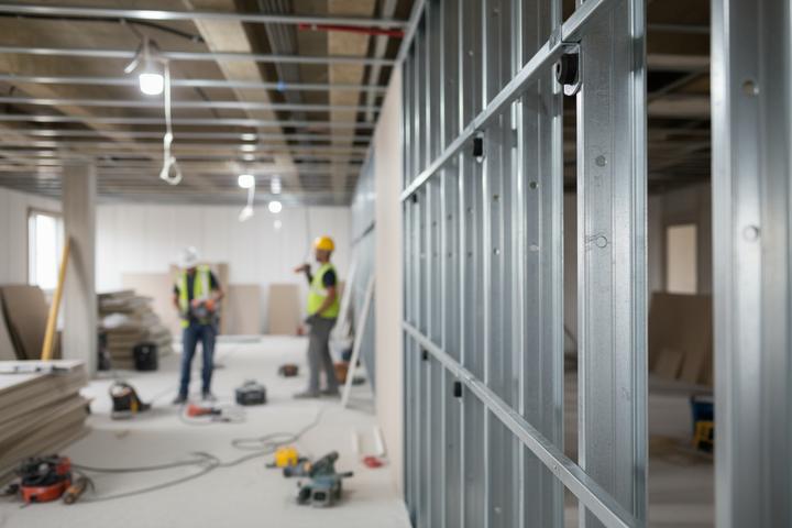 Premium 70mm Acoustic Hanger for Suspended Ceiling Construction - Box of 100 is visible among construction materials, showcasing its role in soundproof ceiling systems, ensuring noise reduction and compliance with British and European standards.