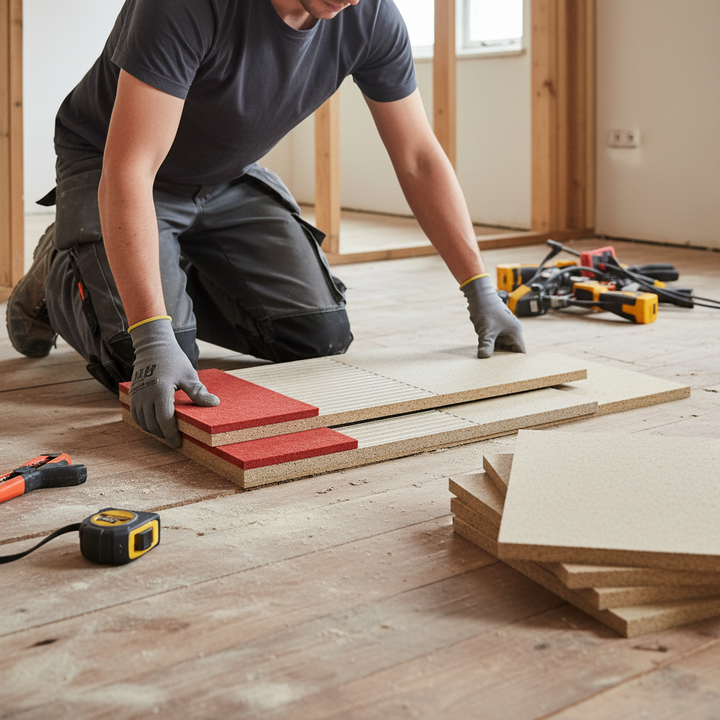 Person installing Premium Dual Overlay Board 7mm for Resilient Flooring, showcasing soundproofing and acoustic insulation properties. Surrounded by renovation tools, highlighting impact reduction and fast installation for noise reduction and vibration damping.