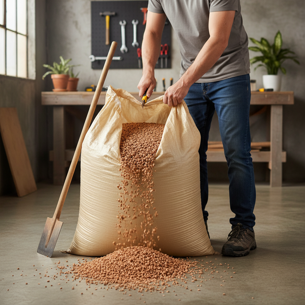 Person cutting open a Premium 30kg Bulk Bag High Quality Cork Granules - 1-2mm Size with Density 60-62kg/m³ for Construction and Sports Applications, ideal for soundproofing and acoustic insulation in workshops.