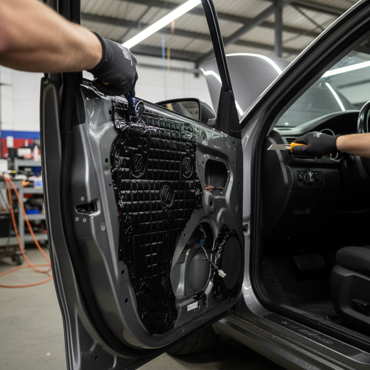 Premium 3mm Sound Deadening Mat - 15 Sheet Pack for Enhanced Vibration Control and Noise Reduction being installed with tools on a car's inner door panel, showcasing soundproof and acoustic insulation capabilities.