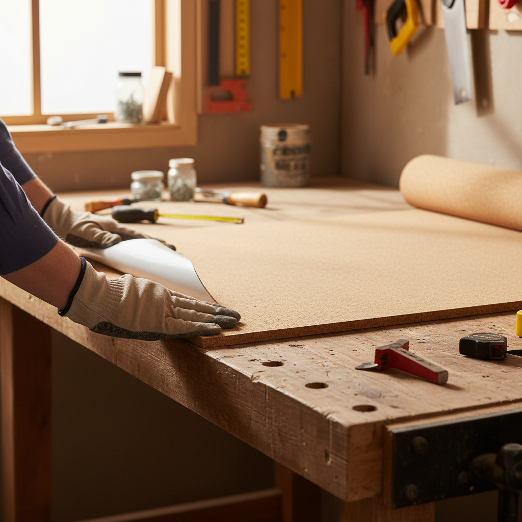 Premium Fine Grain Adhesive Cork Sheets - 915mm x 610mm - 13mm Thickness - Pack of 2: A person unrolls a cork sheet on a workbench, surrounded by tools, perfect for soundproof wall coverings and pinboards.