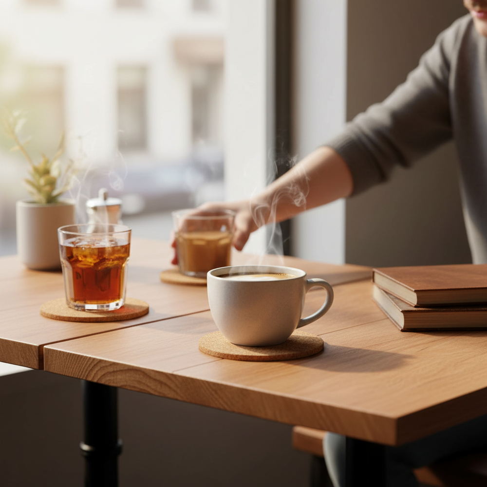 Premium Non-Adhesive Cork Coaster Sheets - 100mm Diameter, 4mm Thick, Pack of 25, featured in a cozy café setting, ideal for protecting surfaces from heat and moisture, enhancing sound insulation and vibration damping.