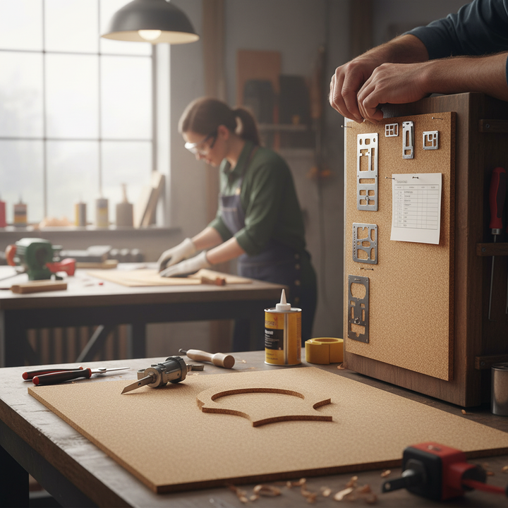 Premium Fine Grain Adhesive Cork Sheets - 610mm x 450mm, 2mm Thick - Pack of 4, ideal for soundproofing and acoustic projects, shown on a workbench with crafting tools and wood shavings.