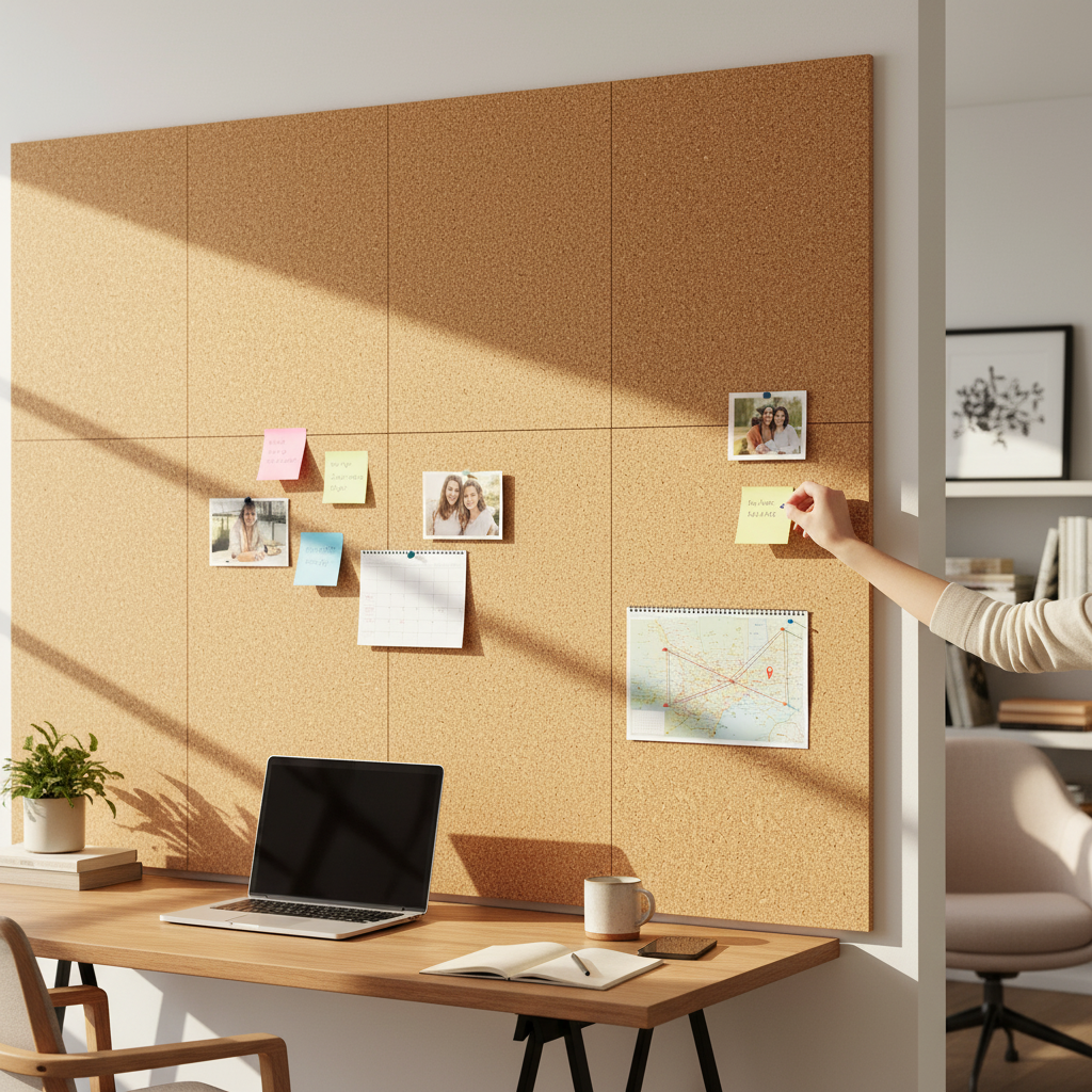 Premium Self Adhesive Natural Cork Wall Tiles - 440mm x 300mm, 10mm Thick are mounted on a home-office wall, providing soundproofing and acoustic insulation, with a hand placing a Post-it note.