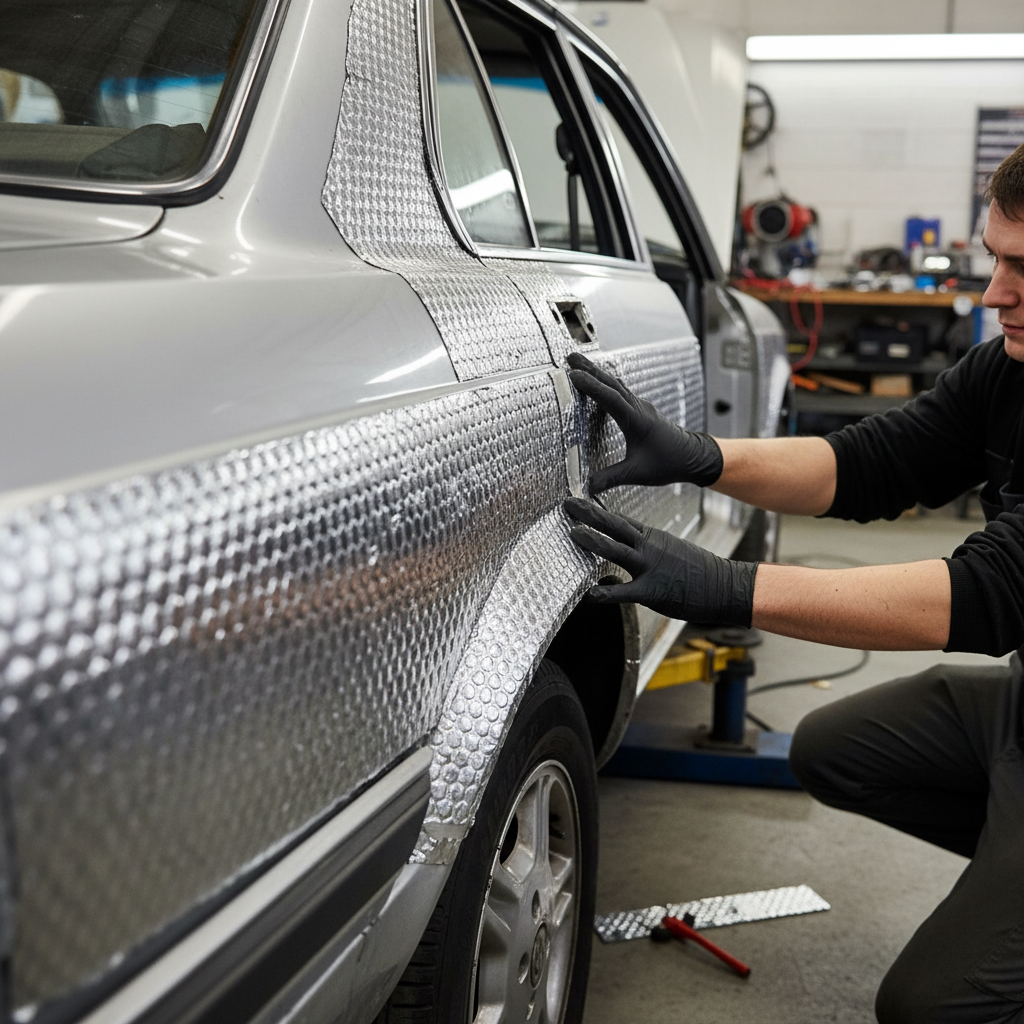 Technician applies Premium Self-Adhesive Sound Deadening Sheets, 30 Pack, High-Grade Butyl Construction, to car door, enhancing soundproofing and noise reduction with flexible, vibration damping acoustic insulation.