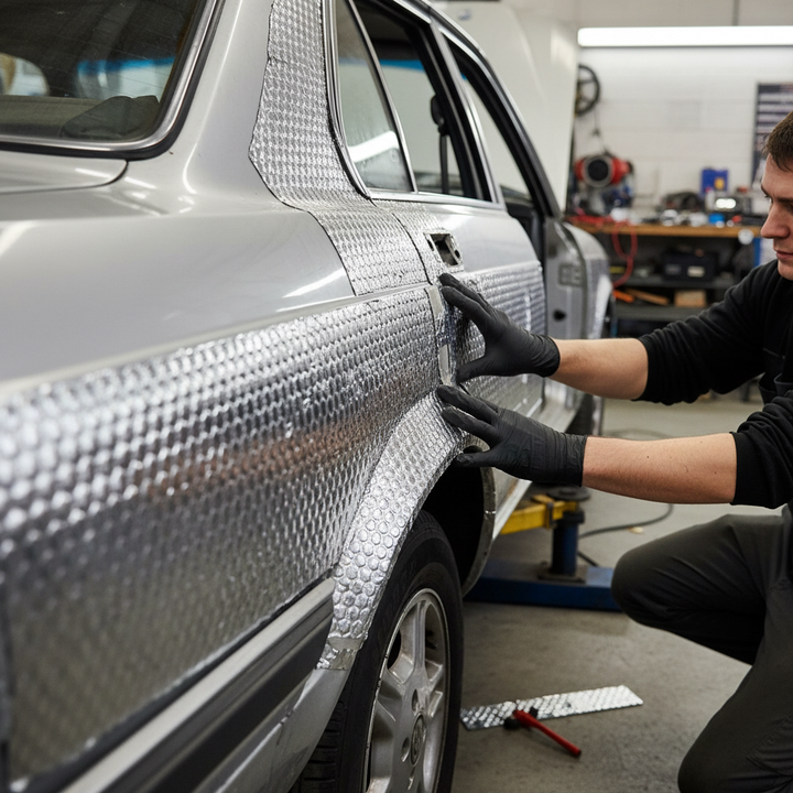 Technician applies Premium Self-Adhesive Sound Deadening Sheets, 30 Pack, High-Grade Butyl Construction, to car door, enhancing soundproofing and noise reduction with flexible, vibration damping acoustic insulation.