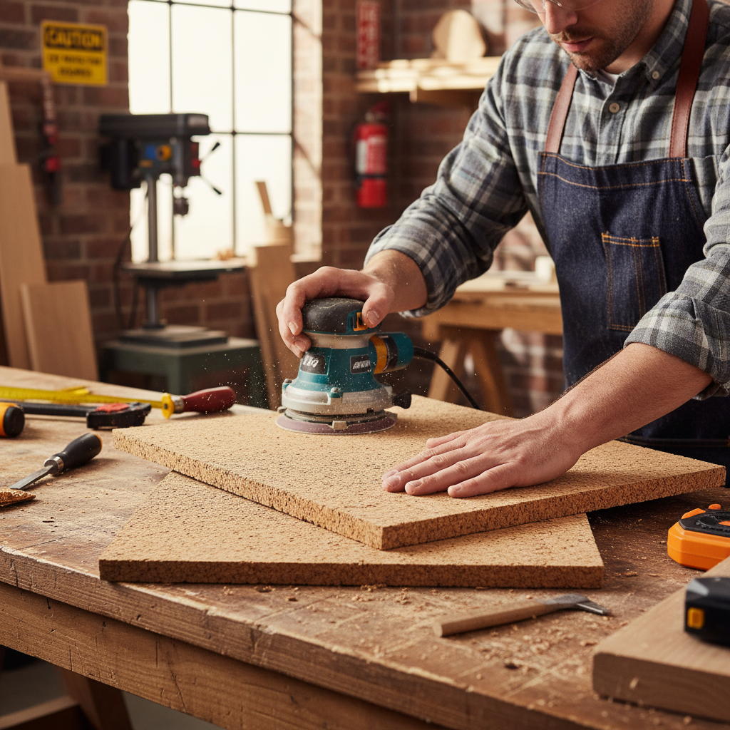 Woodworker in a workshop uses an orbital sander on a Premium Non-Adhesive Cork Sheet - 915mm x 610mm, 3mm Thick, 2 Pack for Versatile Applications, ideal for soundproofing and acoustic projects.