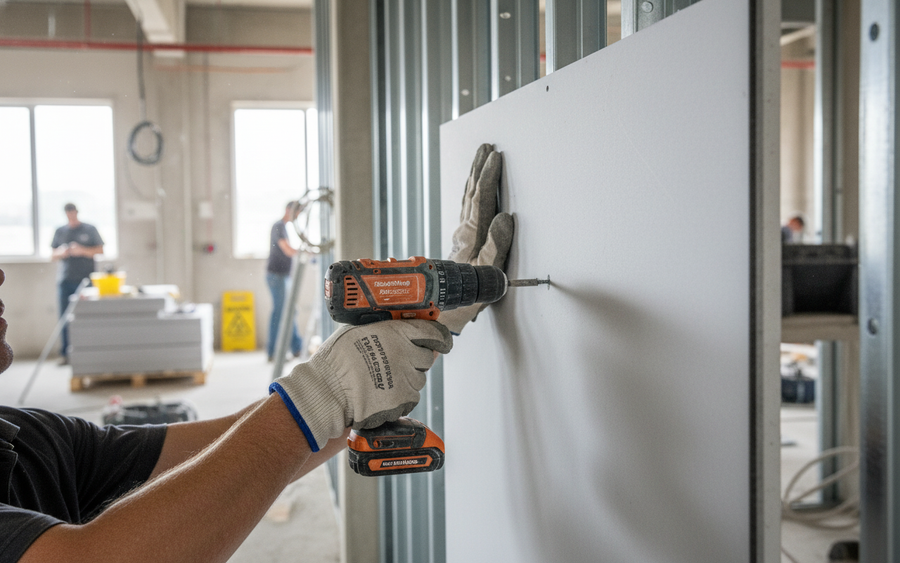 Close-up of a worker using a cordless drill to install Premium Acoustic Wall Board for High Sound Insulation - 30mm Thickness, 1.2m x 1.2m Dimensions, ideal for noise reduction in construction projects.