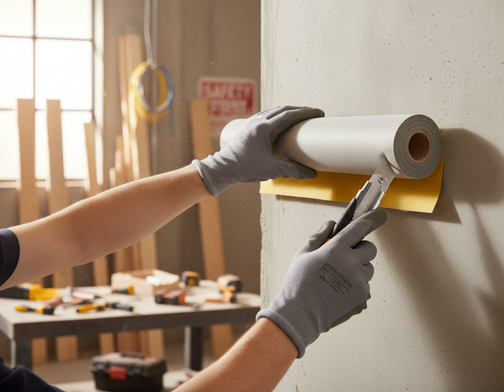 High-Performance Acoustic Barrier Mat 1.20m x 4.0m - Flexible Sound Insulation with 10KG per M2 for Enhanced Noise Reduction, shown being trimmed by gloved hands, ideal for soundproofing and acoustic applications in renovation settings.