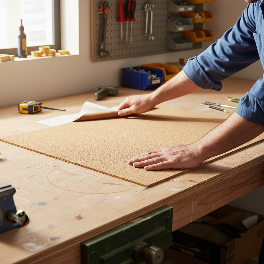 Hands pressing Premium High Density Adhesive Cork Sheets 915mm x 610mm - 4mm Thick, Pack of 5 for Wall Coverings and Printing onto a workbench, ideal for soundproofing, acoustic projects, and noise reduction.