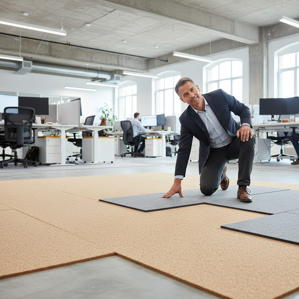 Man in a suit installing Premium Fine Grain Large Cork Roll - 6 Metres x 1 Metre, 8mm Thick for Interior Walls, enhancing office acoustics with its soundproofing and noise reduction qualities.