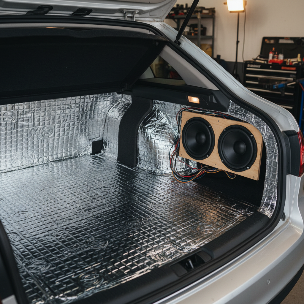 Premium 4mm Double Thickness Damping Mat - 23 Sheet Pack for Noise Reduction and Vibration Absorption lines trunk space, highlighting soundproofing and acoustic enhancement for vehicle interiors with installed subwoofers, showcasing vibration damping.