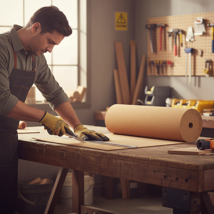 Craftsman cutting Premium Fine Grain Large Cork Roll - 10 Metres x 1 Metre - 8mm Thick for Interior Walls, ideal for soundproofing, acoustic insulation, and noise reduction, in a workshop setting.
