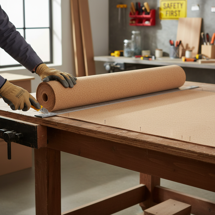 Person in gloves cutting Premium Fine Grain Large Cork Roll - 5m x 1.22m - Various Thicknesses for Interior Walls on workbench, ideal for soundproofing and acoustic insulation in homes or studios.