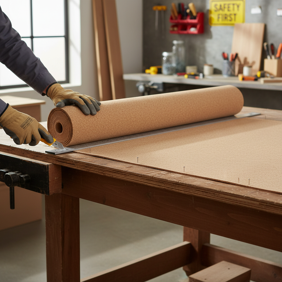 Person in gloves cutting Premium Fine Grain Large Cork Roll - 5m x 1.22m - Various Thicknesses for Interior Walls on workbench, ideal for soundproofing and acoustic insulation in homes or studios.