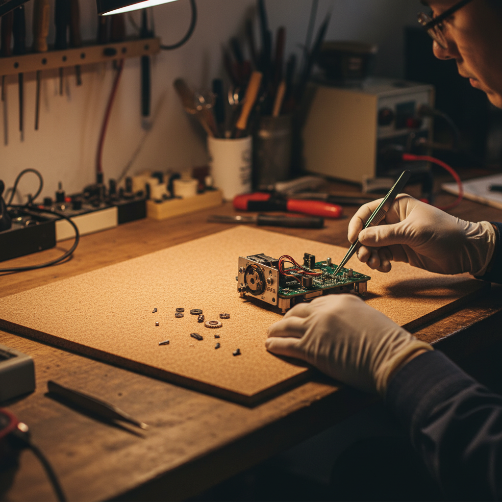 Premium Fine Grain Non-Adhesive Cork Sheet Pack of 4 - 610mm x 450mm x 5mm, ideal for soundproofing, acoustic insulation, and noise reduction uses, shown with precise crafting tools in a workshop setting.