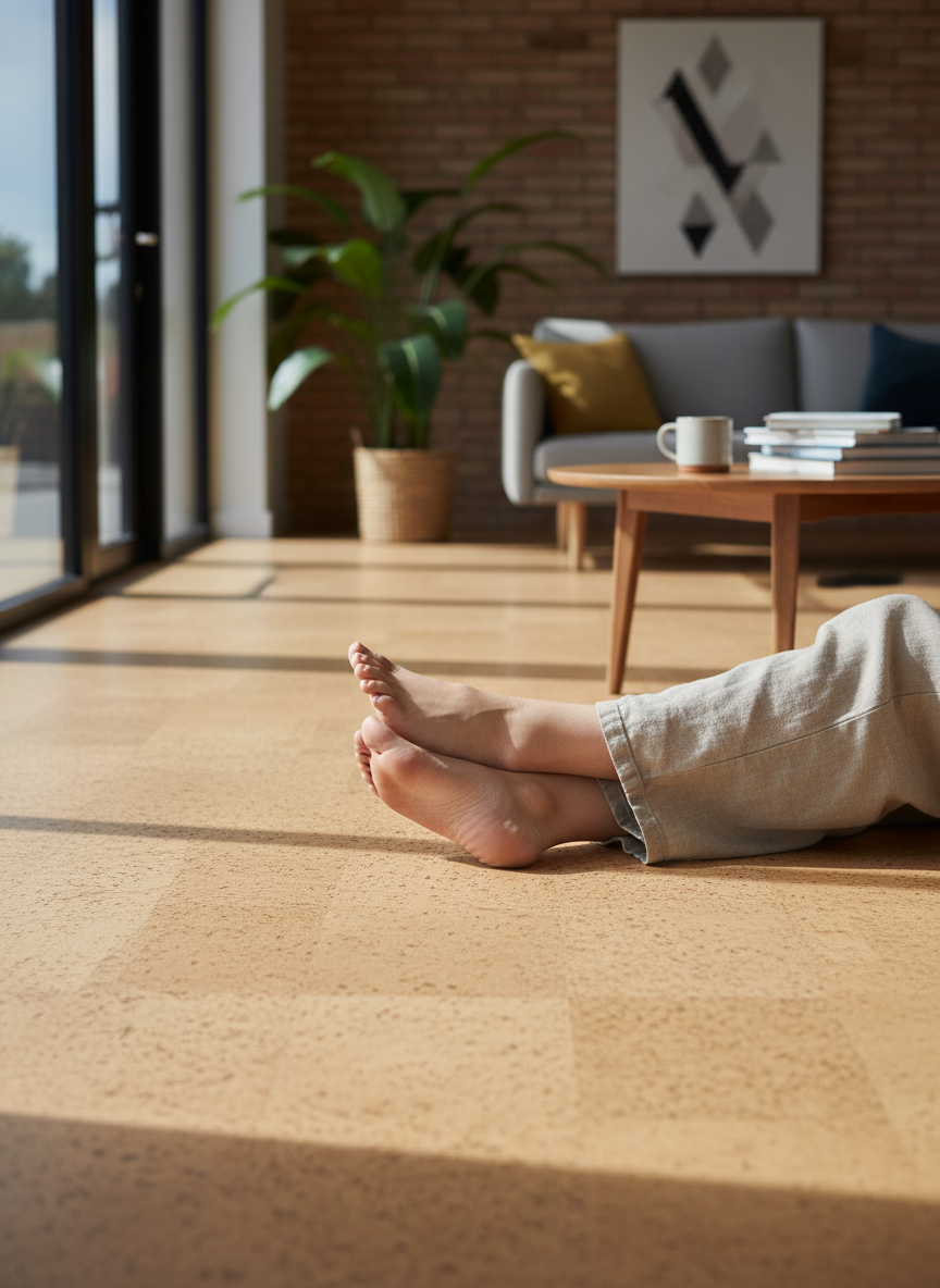 Premium Natural Cork Flooring Tiles - 600mm x 300mm, 4mm Thick, shown in a cozy living room, offering soundproof and noise reduction features with acoustic insulation, enhancing comfort and vibration damping.