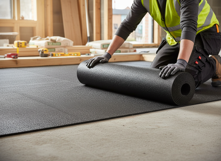 Installer applies Premium 8mm Acoustic Underscreed Rubber Underlay for Flooring, offering superior sound insulation and noise reduction. Ideal for new builds, enhancing acoustic performance with resilient, environmentally friendly design.