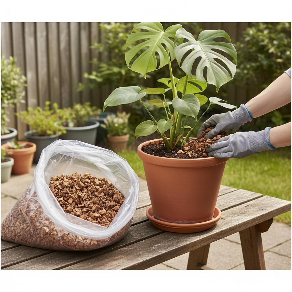 Premium Cork Granules 3 Litres - 3-35mm Size for Construction and Insulation Applications, visible as a top dressing on a potted Monstera, suitable for acoustic insulation and vibration damping.