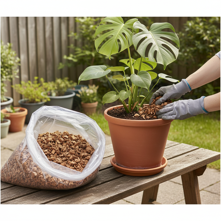 Premium Cork Granules 3 Litres - 3-35mm Size for Construction and Insulation Applications, visible as a top dressing on a potted Monstera, suitable for acoustic insulation and vibration damping.