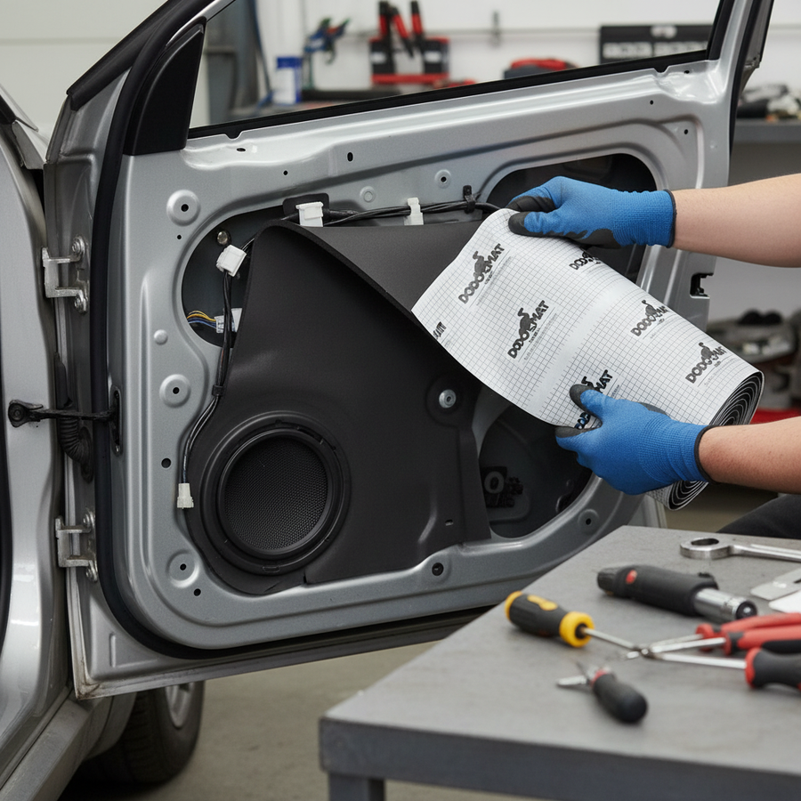 Technician fitting Silentcloud Super Liner 12mm - 3sq.m Roll, a soundproof, self-adhesive foam for vehicle acoustic insulation and vibration damping, onto a car's metal door shell, enhancing noise reduction.
