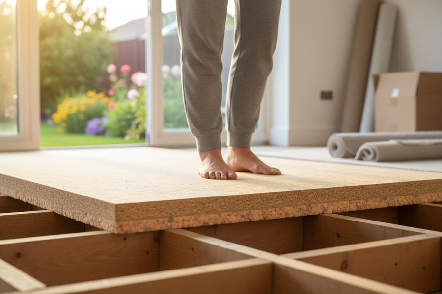 Premium Acoustic Floor System 2400mm x 600mm x 37mm for Impact Sound Reduction, shown mid-installation over exposed wooden joists, illustrating its role in enhancing soundproofing and noise reduction for quiet living spaces.
