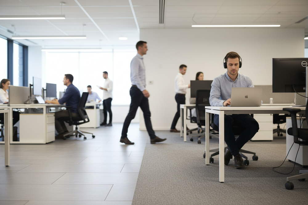 Premium High-Performance Acoustic Overlay Board 28mm Thick for Effective Sound Proofing with High Mass and Resilient Felt Layer enhances sound insulation in modern office, reducing airborne noise and vibrations.