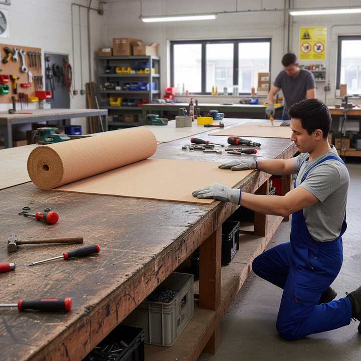 Premium Fine Grain Large Cork Roll - 2m x 1.22m for Interior Walls with Various Thicknesses and Smooth Finish, being measured and prepared for soundproofing and acoustic insulation in a workshop setting.