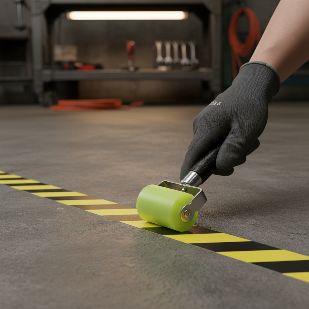 Close-up of gloved hand using the Premium Heavy Duty Sound Deadening Roller for Professional Adhesion and Air Bubble Minimization, ideal for soundproofing, acoustic insulation, and vibration damping on concrete floors.