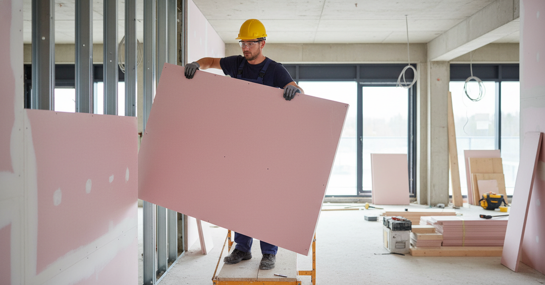 Construction worker installing Premium Fireline 15mm Plasterboard 2400 x 1200mm for Superior Fire Resistance in Wall Systems, enhancing soundproofing and acoustic insulation—ideal for noise reduction and vibration damping.