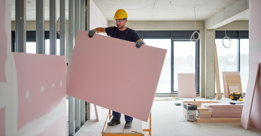 Construction worker installing Premium Fireline 15mm Plasterboard 2400 x 1200mm for Superior Fire Resistance in Wall Systems, enhancing soundproofing and acoustic insulation—ideal for noise reduction and vibration damping.
