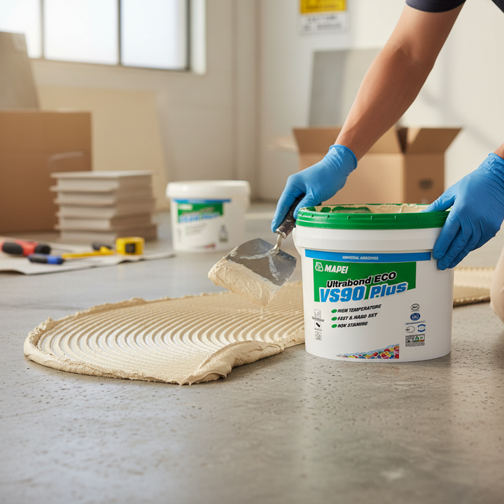Contractor applying Premium Heavy Duty Wet-Bed Adhesive for PVC and Rubber Flooring, 15kg - High Shear Resistance for Interior Use, using notched trowel for soundproof, acoustic, and noise reduction applications.