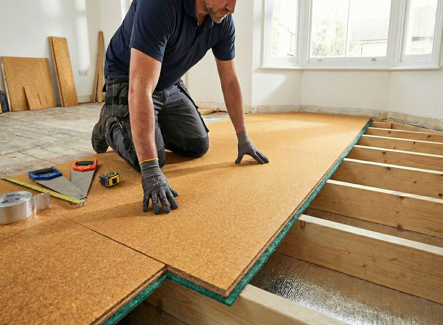 Tradesman fitting SilentCloud™ 28 Acoustic Floating Floor Panel, a high-mass soundproof board, over joists in an empty room. Tools nearby indicate preparation for noise reduction and sound insulation installation.
