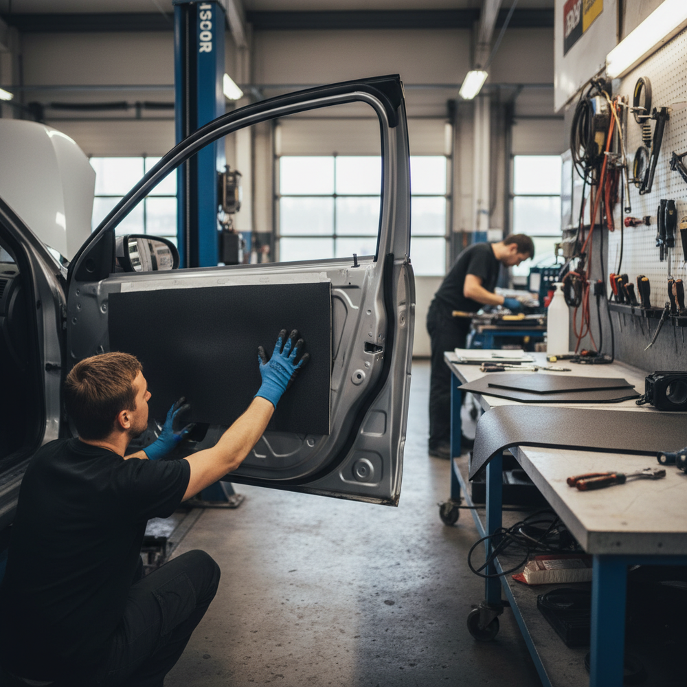 Technician installs Premium Self-Adhesive Thermo-Acoustic Material, 10mm thick, in car door for noise reduction and heat insulation, highlighting soundproofing capabilities in an auto repair shop setting.