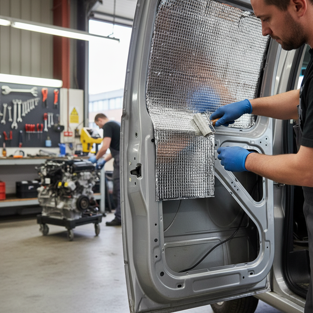 Premium Sound Deadening Material - 40 Sheets of Butyl Construction for Noise Reduction in Vehicles; technician applies self-adhesive, foil-backed soundproof insulation to van door, enhancing acoustic and vibration damping.