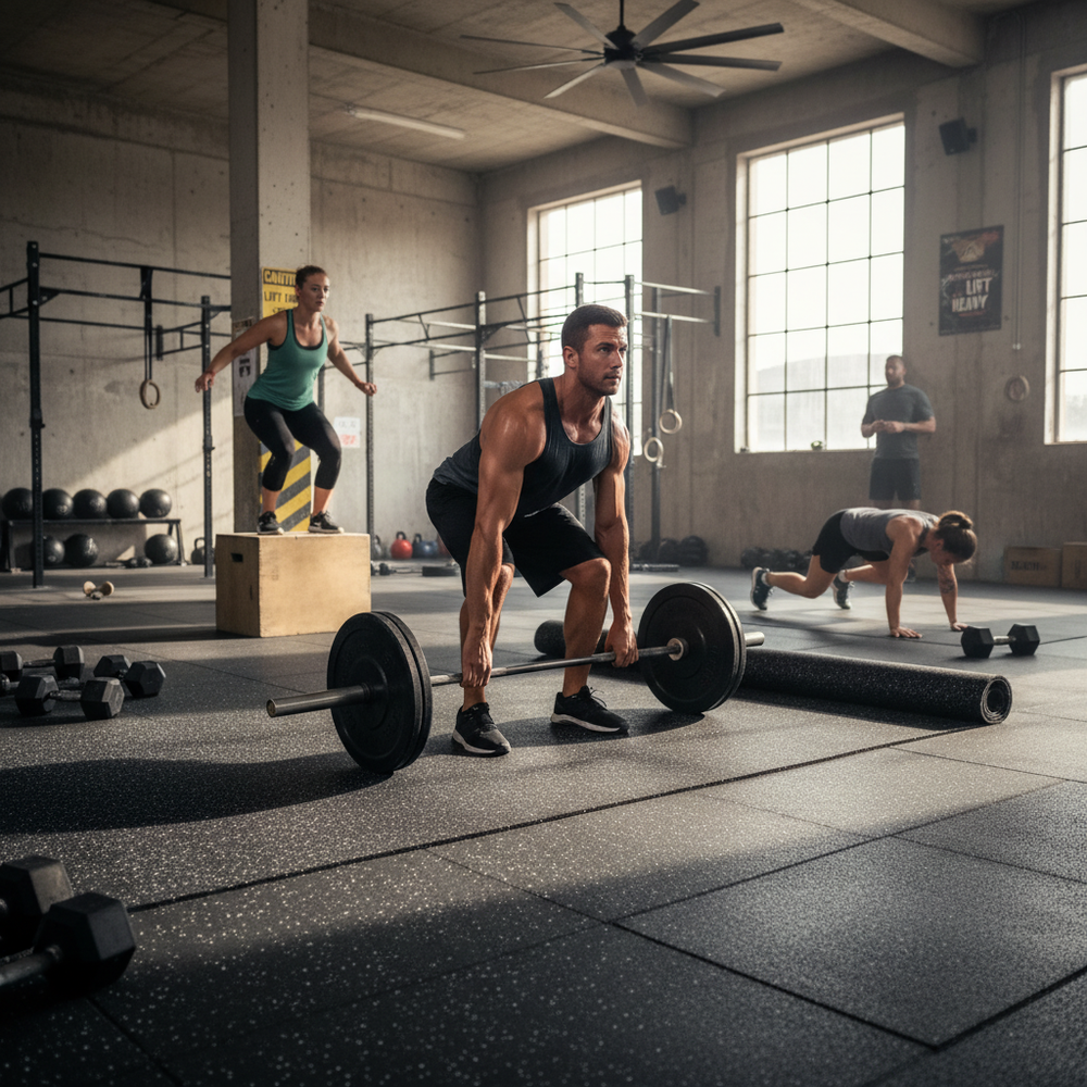Premium Heavy Duty Acoustic Gym Rolls - Durable Rubber Flooring for Fitness Spaces with Noise Reduction and Slip Resistance, visible under gym equipment, providing soundproofing, acoustic insulation, and vibration damping for intensive workouts.