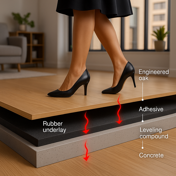 Cross-section of Acoustic Soundproof Underlay 3mm – Rubber Sheet for Flooring & Impact Noise Insulation, showcasing engineered oak floorboards, adhesive, rubber underlay, cement leveling compound, and concrete slab for optimal noise reduction.