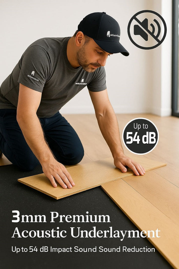 Installer fitting a wood-look plank over 3mm Acoustic Soundproof Underlay – Noise Reduction Rubber Sheet Up to 54 Silentcloud, showcasing its slim design and sound insulation efficiency for effective noise reduction.