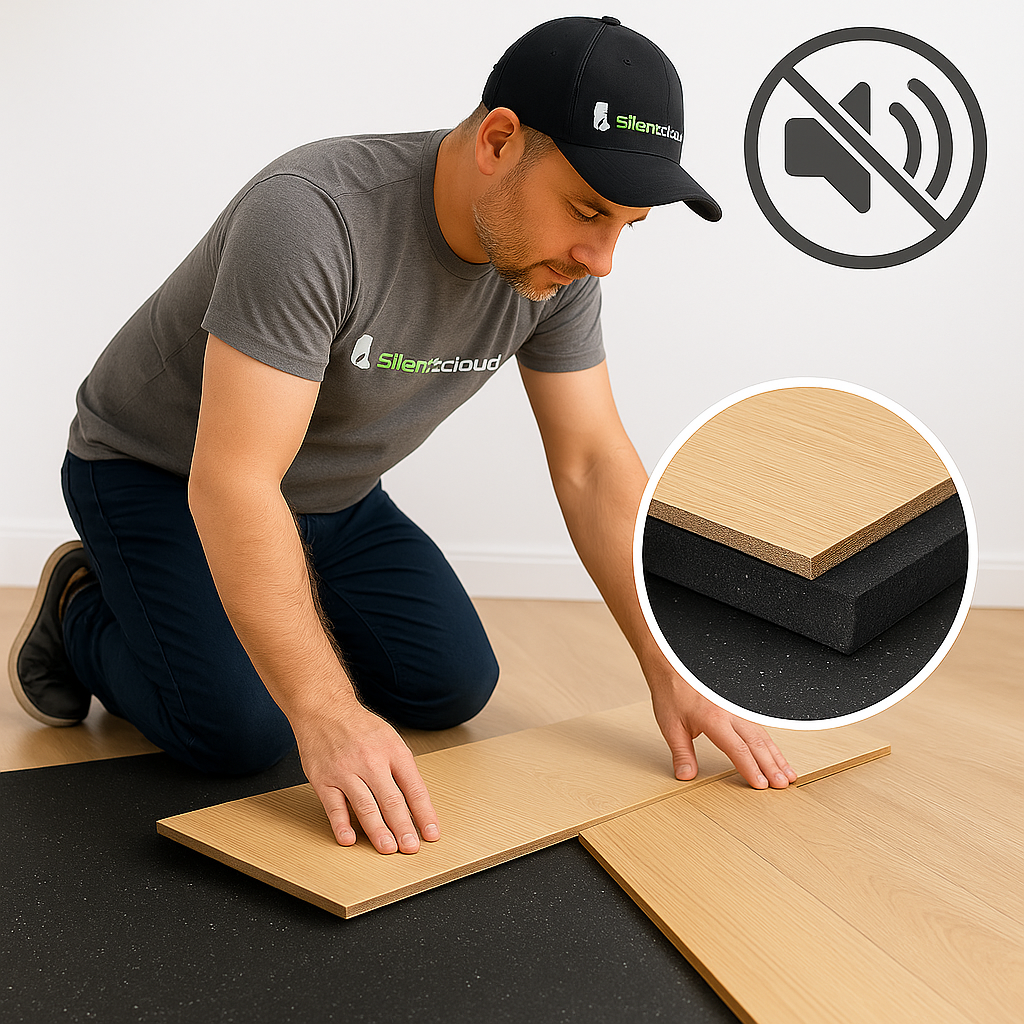 Person installing 6mm Acoustic Rubber Underlay – 74 Silentcloud Noise Reduction, Eco-Friendly Rubber, demonstrating soundproofing techniques with wood-look planks over black foam underlayment for superior acoustic and vibration damping.