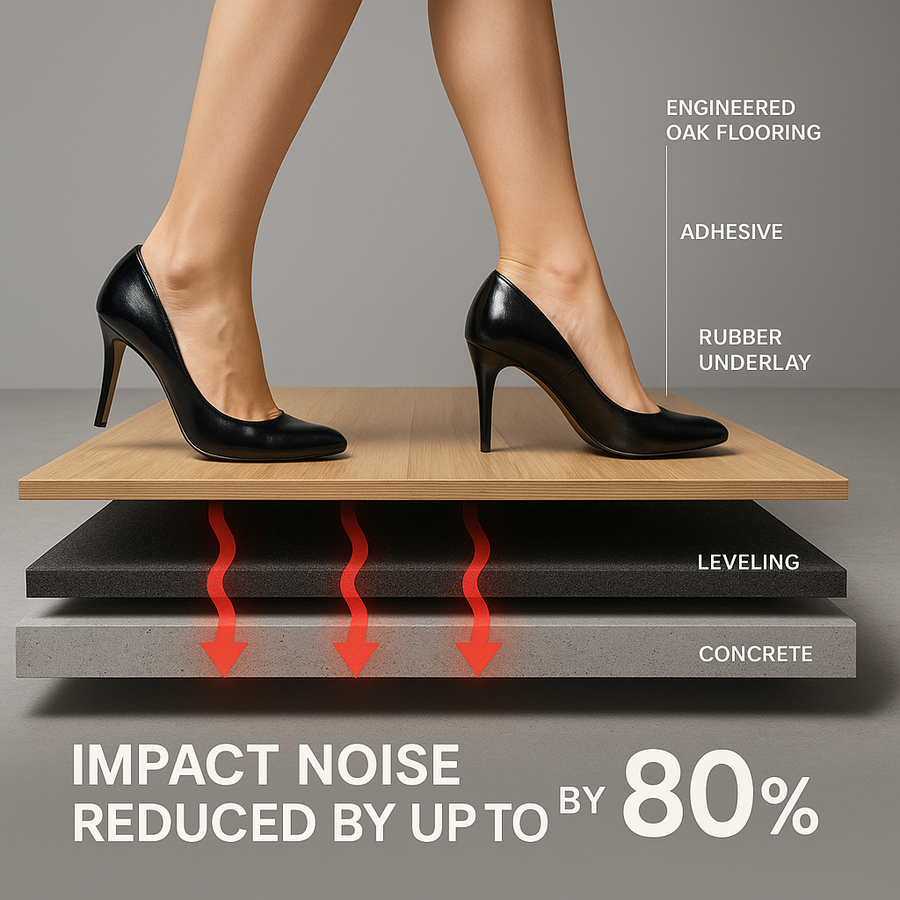 Cross-section illustration of Acoustic Soundproof Underlay 3mm – Rubber Sheet for Flooring & Impact Noise Insulation, showing layers reducing vibration and noise by up to 54dB with engineered oak flooring above.