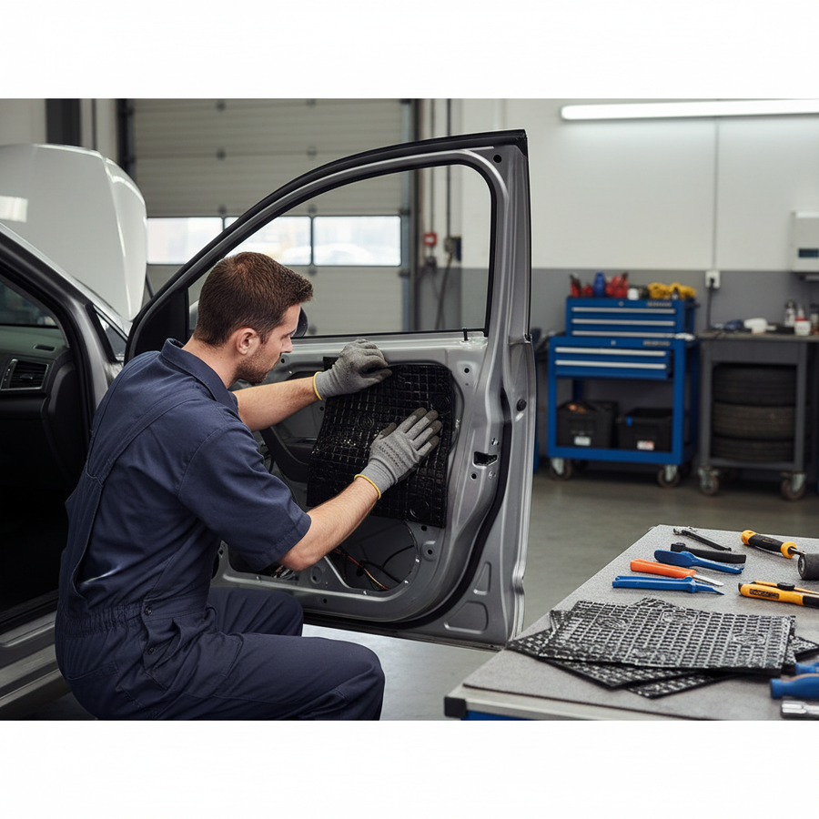 Technician fitting Premium 3mm Sound Deadening Damping Mat with aluminum finish for vehicle noise insulation, featuring high adhesive. Workbench holds tools and additional mats, emphasizing acoustic and vibration damping capabilities.