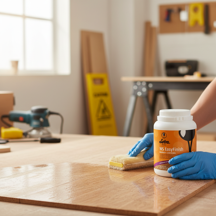 Premium Waterborne Polyurethane-Acrylic Finish 1L - Durable Semi-Gloss for High-Traffic Areas, applied with a sponge in a woodworking workshop, ideal for soundproofing and acoustic enhancement in homes and studios.