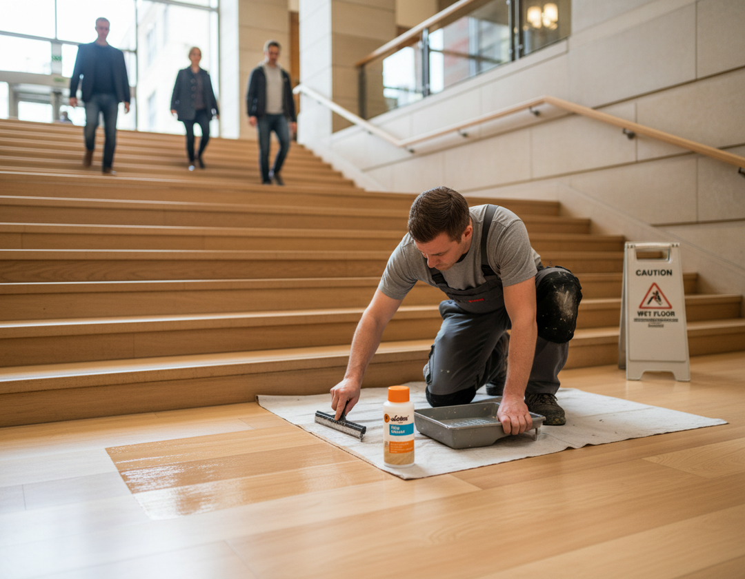 Man applying Premium Anti-Slip Additive for Lacquer with R10 Certification - Easy to Use and Solvent Free to wood floor, enhancing safety with soundproof qualities, ideal for acoustic and noise reduction environments.