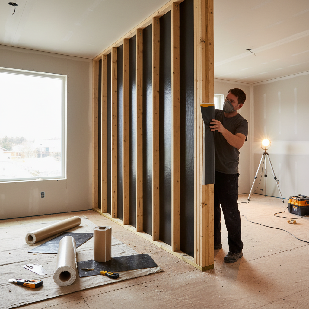 Worker applying Premium Self-Adhesive Acoustic Membrane for Effective Sound Insulation in Walls and Ceilings to wood studs; rolls of soundproof material and tools on floor, reflecting ongoing noise reduction work.
